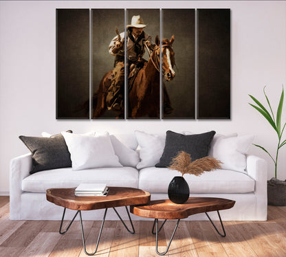 WILD WEST Vintage Western Cowboy Riding Horse with Gun Retro Vintage Affordable Canvas Print Artesty 5 panels 36" x 24" 