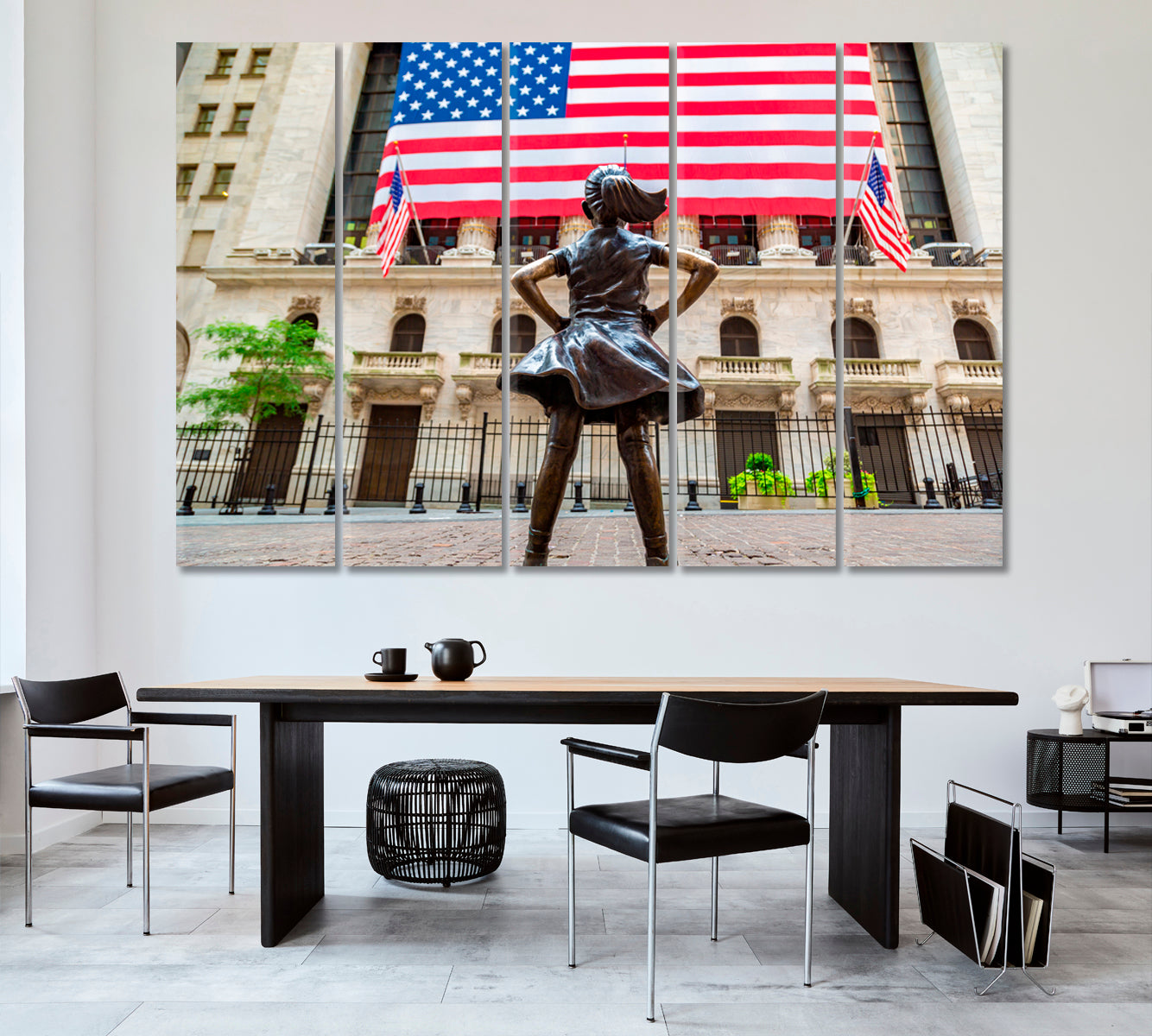 Fearless Girl American Flag New York Stock Exchange Building Cities Wall Art Artesty 5 panels 36" x 24" 