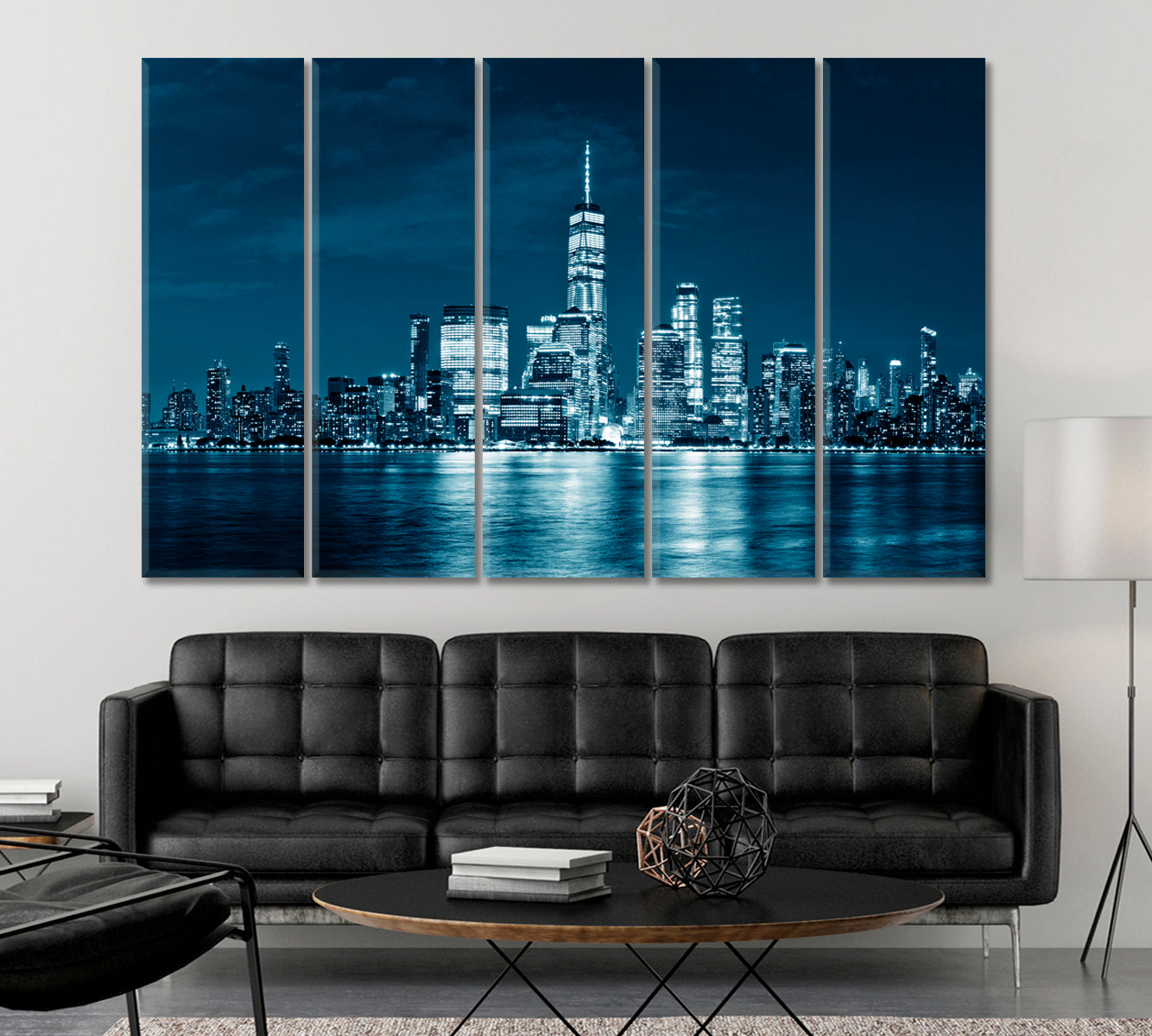 Skyline Modern City New York Dark Blue Artwork Cities Wall Art Artesty 5 panels 36" x 24" 