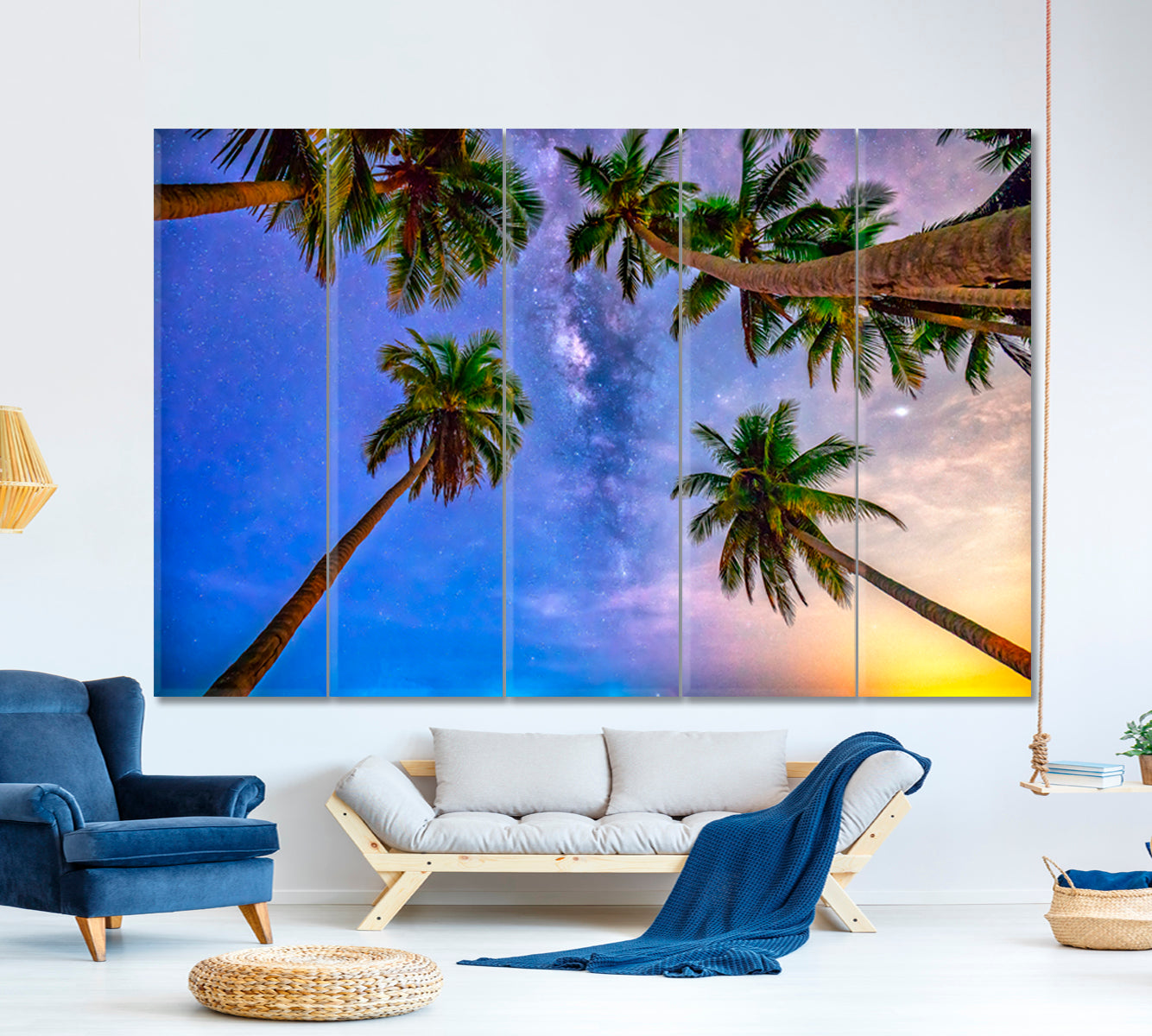 Coconut Palms Trees Milky Way Sky on a beautiful Summer Night Landscape Tropical, Exotic Art Print Artesty 5 panels 36" x 24" 