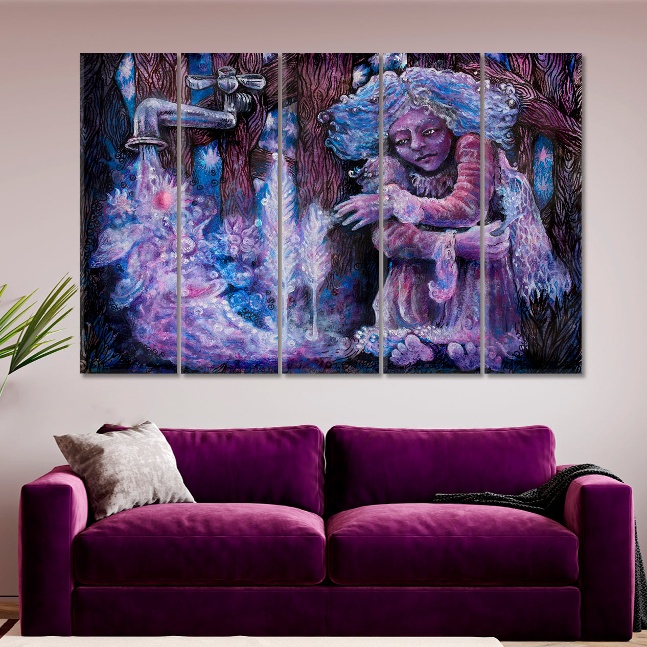 Dreamy Lilac Fairy Magic Pouring Starry Water Contemplative Poster Surreal Fantasy Large Art Print Décor Artesty 5 panels 36" x 24" 
