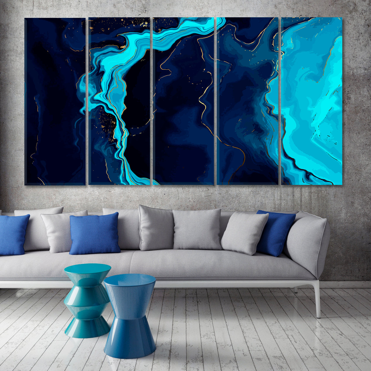 NAVY BLUE MARBLE Turquoise Ocean Trendy Modern Abstract Canvas Print Fluid Art, Oriental Marbling Canvas Print Artesty 5 panels 36" x 24" 