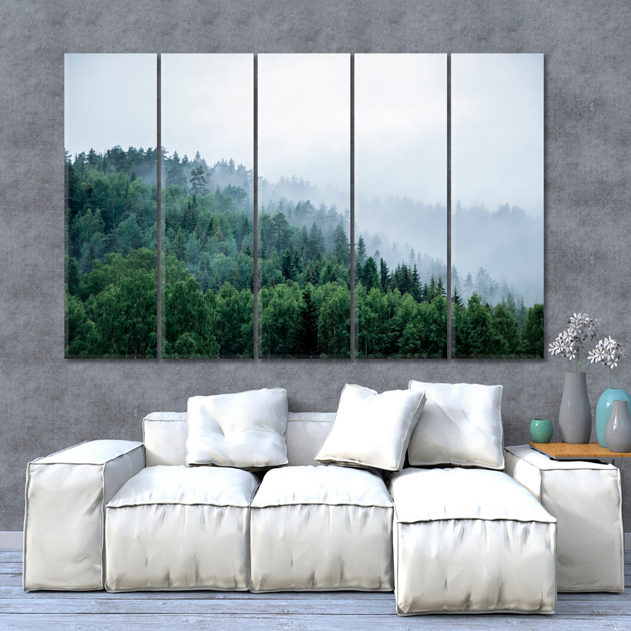 MISTY LANDSCAPE Mountain Trees in Fog Scenery Landscape Fine Art Print Artesty 5 panels 36" x 24" 