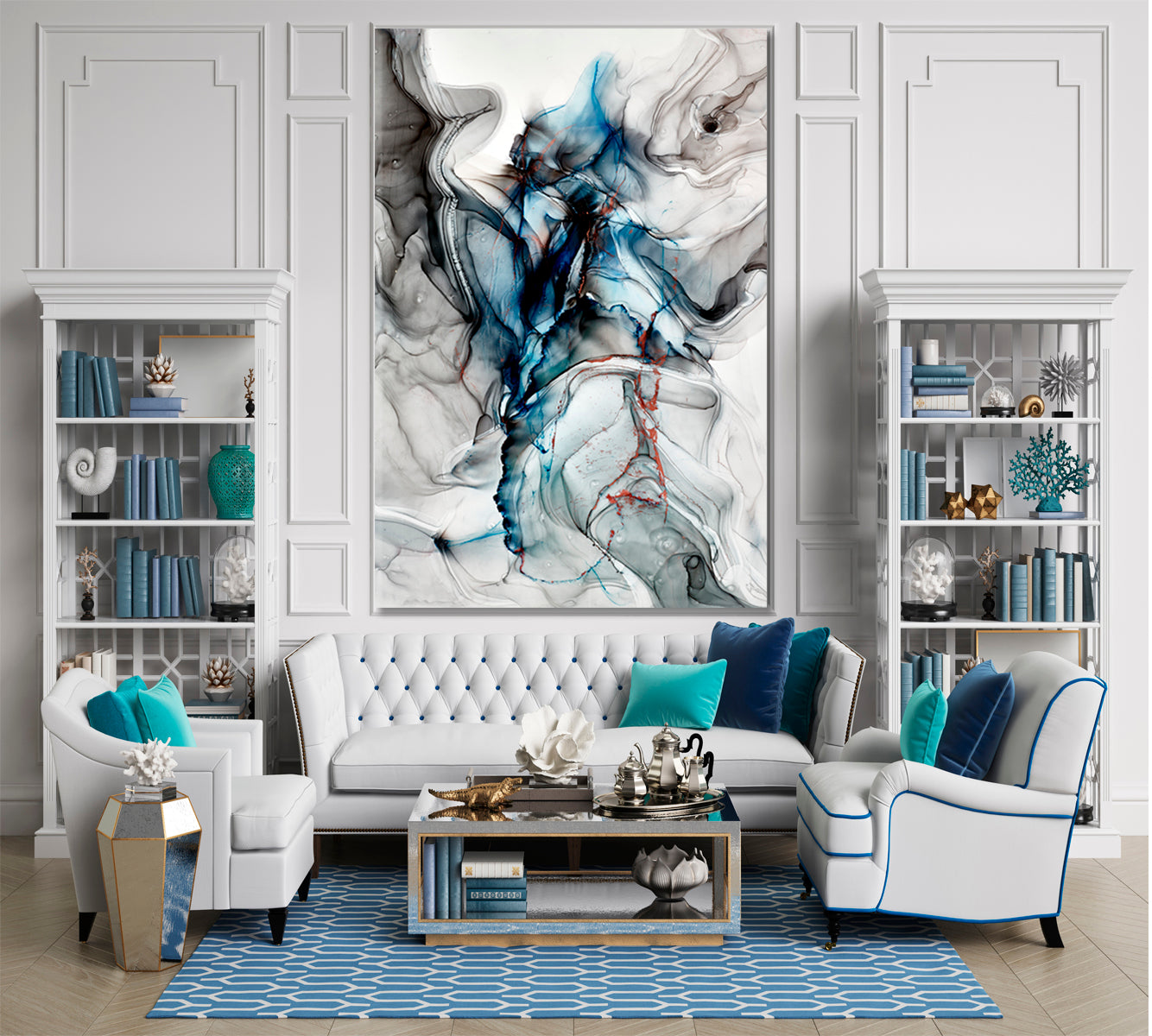 Tender Grey Blue Abstract Marble Veins Alcohol Ink Flow Fluid Art, Oriental Marbling Canvas Print Artesty   