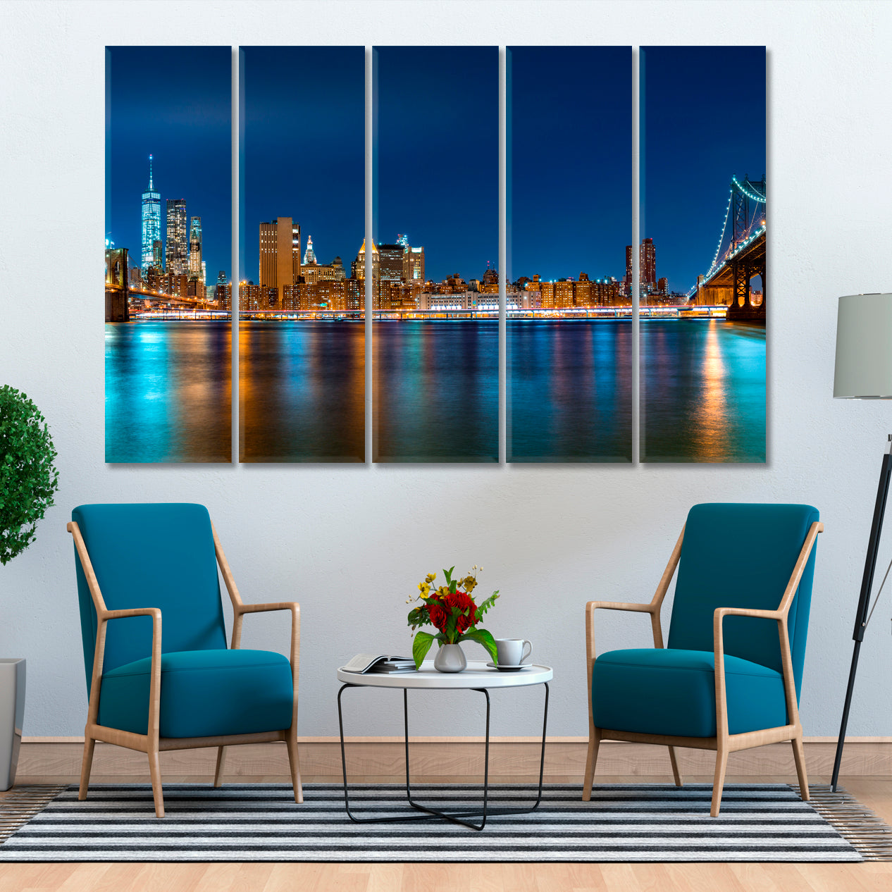 New York City Night Skyline Panorama Cities Wall Art Artesty 5 panels 36" x 24" 