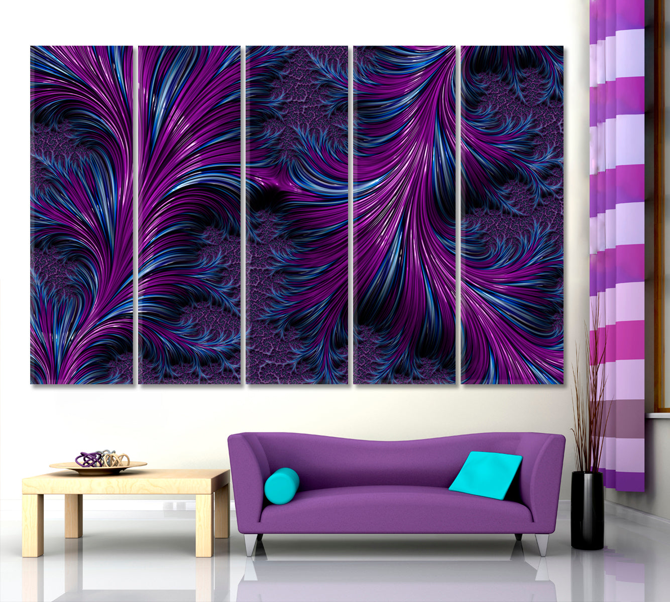 Abstract Fractal Spiral Swirls Purple and Navy Blue Feathers Canvas Print Contemporary Art Artesty 5 panels 36" x 24" 