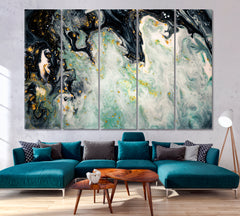 SWIRLS OF MARBLE Agat Ripples Grey Green Acrylic Mix Abstract Fluid Fluid Art, Oriental Marbling Canvas Print Artesty 5 panels 36" x 24" 