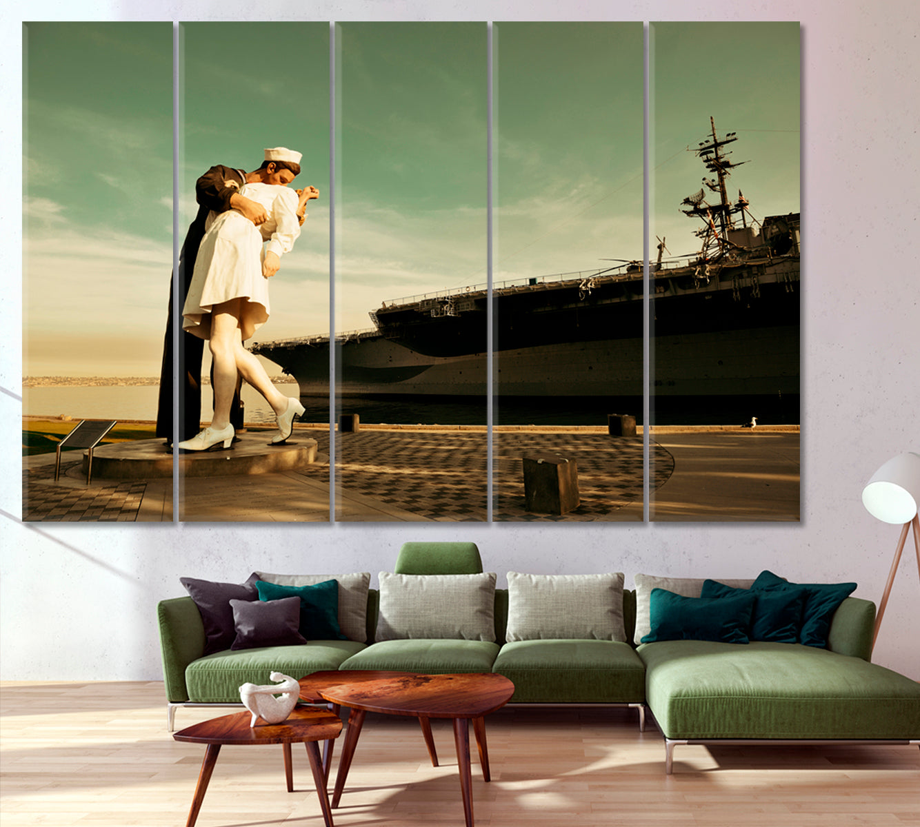 KISS V-J Day in Times Square: San Diego Unconditional Surrender Sculpture Seaport USA Attractions Canvas Print Famous Landmarks Artwork Print Artesty 5 panels 36" x 24" 