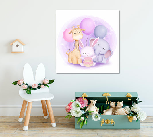 Cute Little Giraffe Rabbit and Elephant Sweet Kids Baby Nursery Art Print | Square Panel Kids Room Canvas Art Print Artesty   