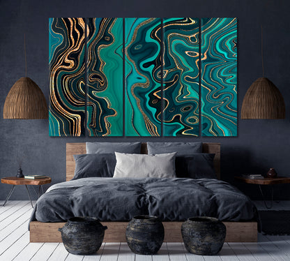 Abstract Green Turquoise Emerald Wavy Lines Gold Glitter Veins Fluid Art, Oriental Marbling Canvas Print Artesty 5 panels 36" x 24" 