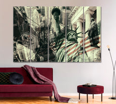 United States of America New York City Landmarks Symbols Collage Cities Wall Art Artesty 5 panels 36" x 24" 