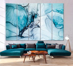 Abstract Blue Modern Highly-textured Marble Ink Pattern Fluid Art, Oriental Marbling Canvas Print Artesty 5 panels 36" x 24" 
