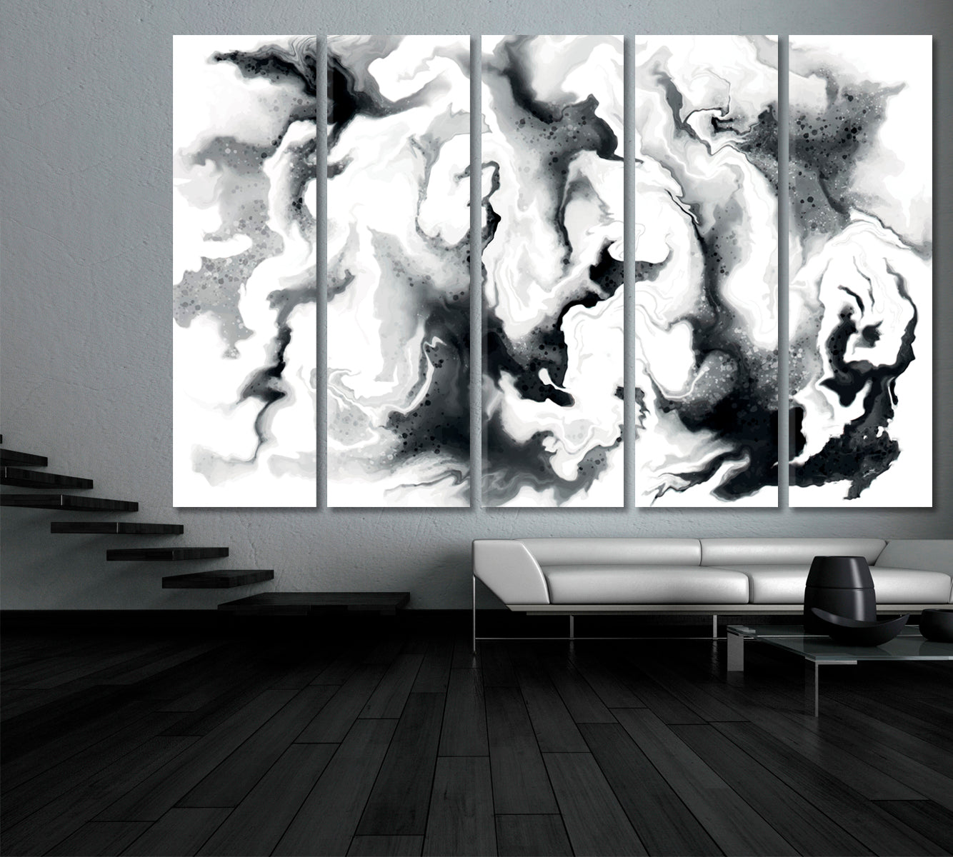 Black and White Fluid Marbling Black and White Wall Art Print Artesty 5 panels 36" x 24" 