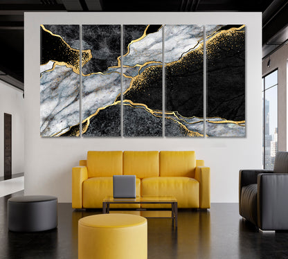 GRAY Marble Granite Gold Veins Abstract Giclée Print Fluid Art, Oriental Marbling Canvas Print Artesty   