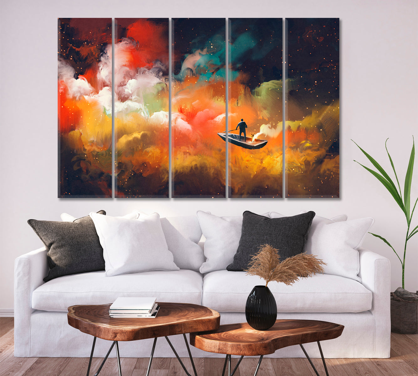 Surreal Dreamlike Man on Boat Outer Space Colorful Clouds Surreal Fantasy Large Art Print Décor Artesty   