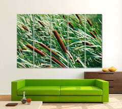 Colorful Green Reeds with Cattail Nature Wall Canvas Print Artesty 5 panels 36" x 24" 