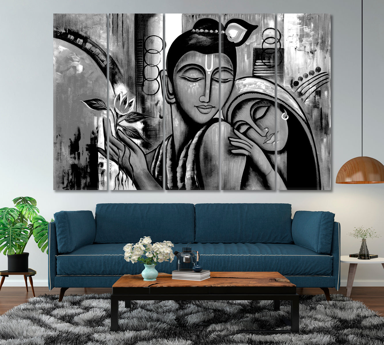 Lord Krishna Religious Abstract Black And White Religious Modern Art Artesty 5 panels 36" x 24" 