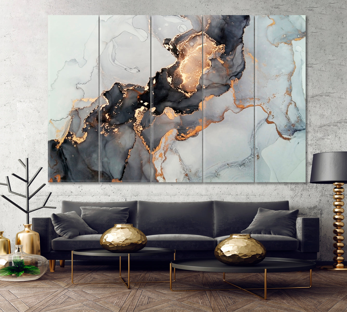 Luxury Abstract Fluid Art Alcohol Ink Technique Black Gold Effect Canvas Print Fluid Art, Oriental Marbling Canvas Print Artesty   