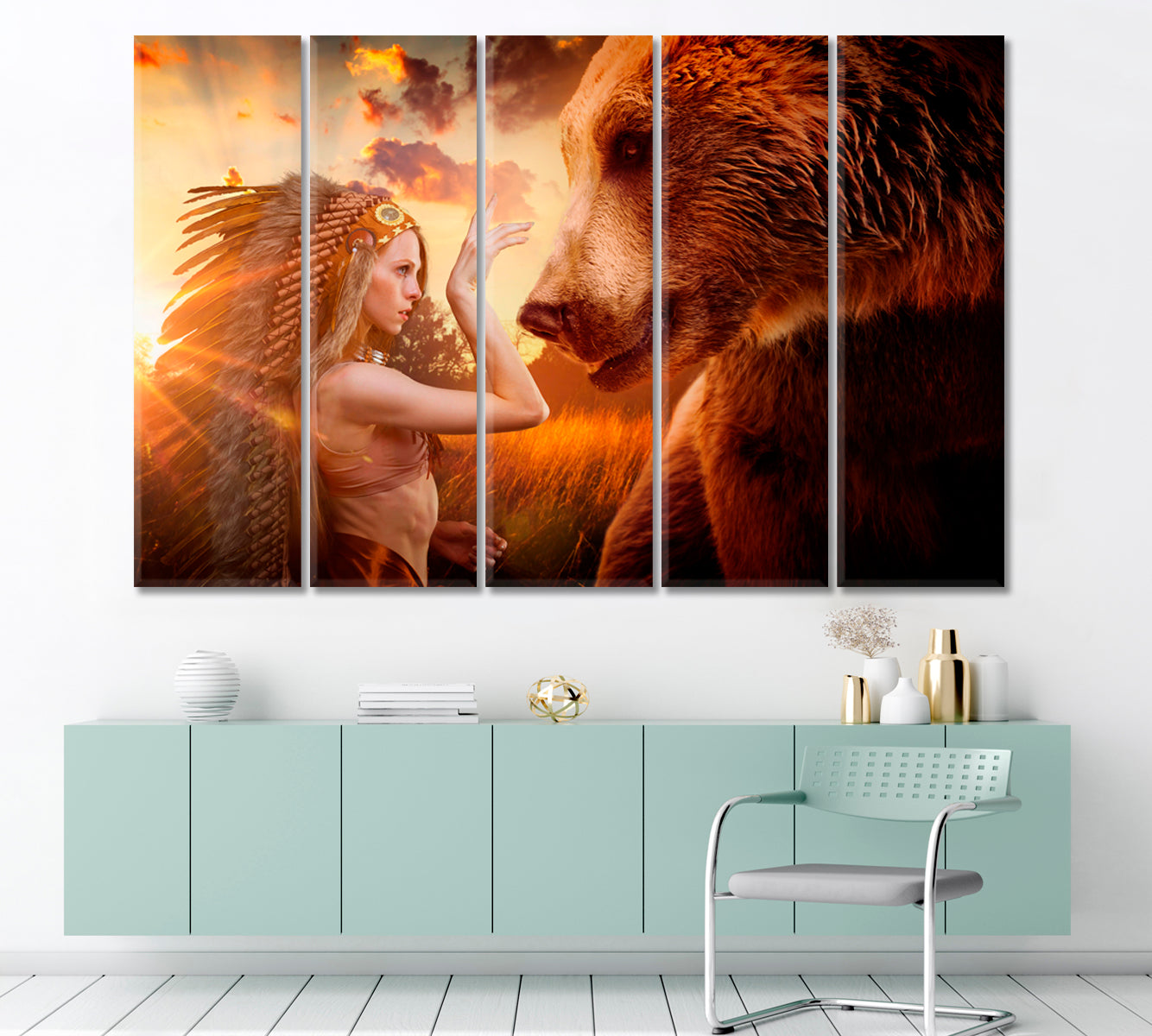 Aztec Woman And Bear, Peace and Balance with Nature Photo Art Artesty 5 panels 36" x 24" 