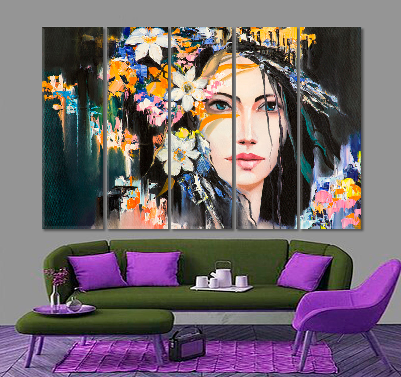 DRYAD With Flowers Fantasy Portrait Fine Art Artesty 5 panels 36" x 24" 