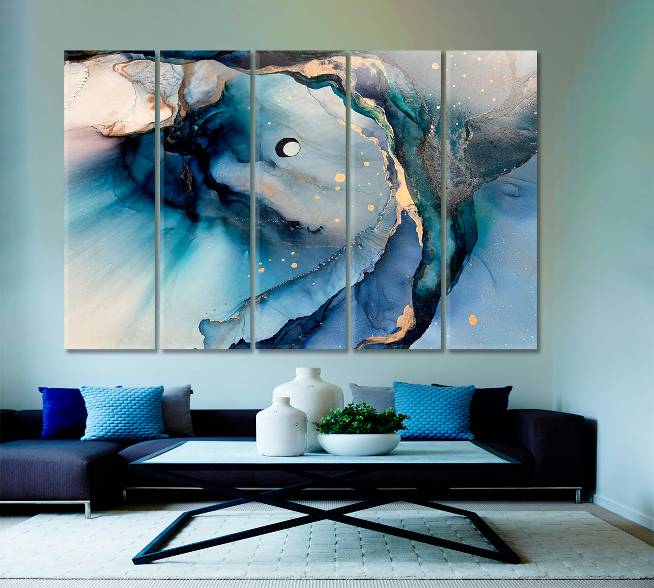 Abstract Marble Fluid Art Blue Veining Sparkling Gold Pigment Fluid Art, Oriental Marbling Canvas Print Artesty 5 panels 36" x 24" 