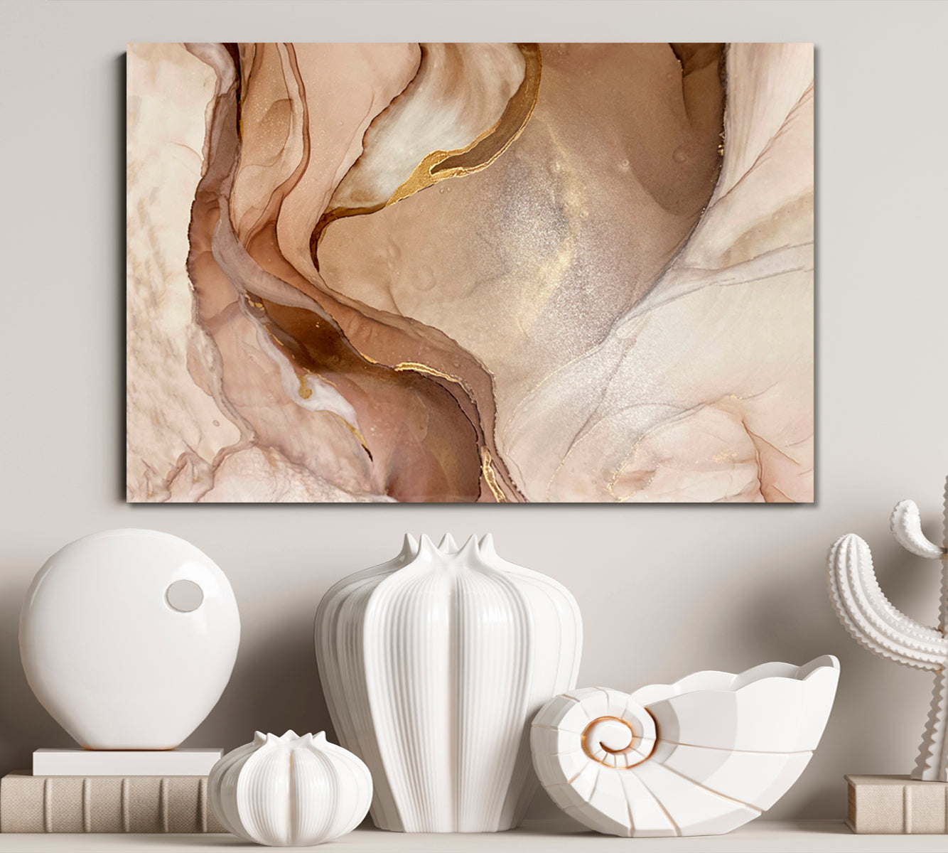 Abstract Marble Beige Golden Veins Neutral Earth Tones Ink Painting Fluid Art, Oriental Marbling Canvas Print Artesty 1 panel 24" x 16" 
