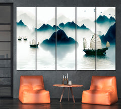 Mountains Sailboat Horizon Traditional Chinese Ink Landscape Asian Style Canvas Print Wall Art Artesty 5 panels 36" x 24" 