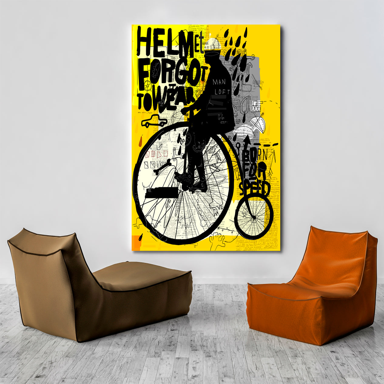 Man Riding Old Retro Bicycle Graffiti Style Yellow Poster Abstract Art Print Artesty   