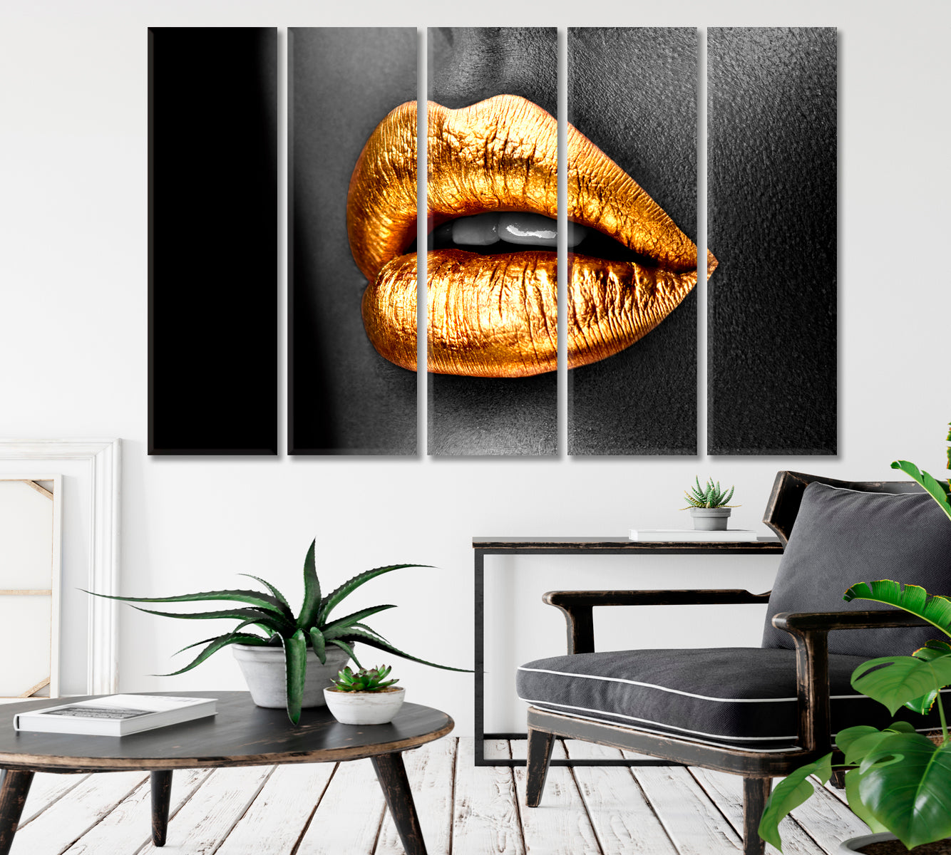 Golden Lipstick Gold Metal Lips Beauty African American Girl Beauty Salon Artwork Prints Artesty 5 panels 36" x 24" 