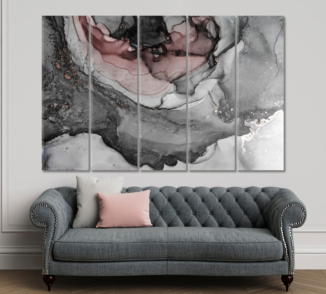 Delicate Pale Contrast Grayscale Alcohol ink Pigment Aquamarine Spots Fluid Art, Oriental Marbling Canvas Print Artesty 5 panels 36" x 24" 