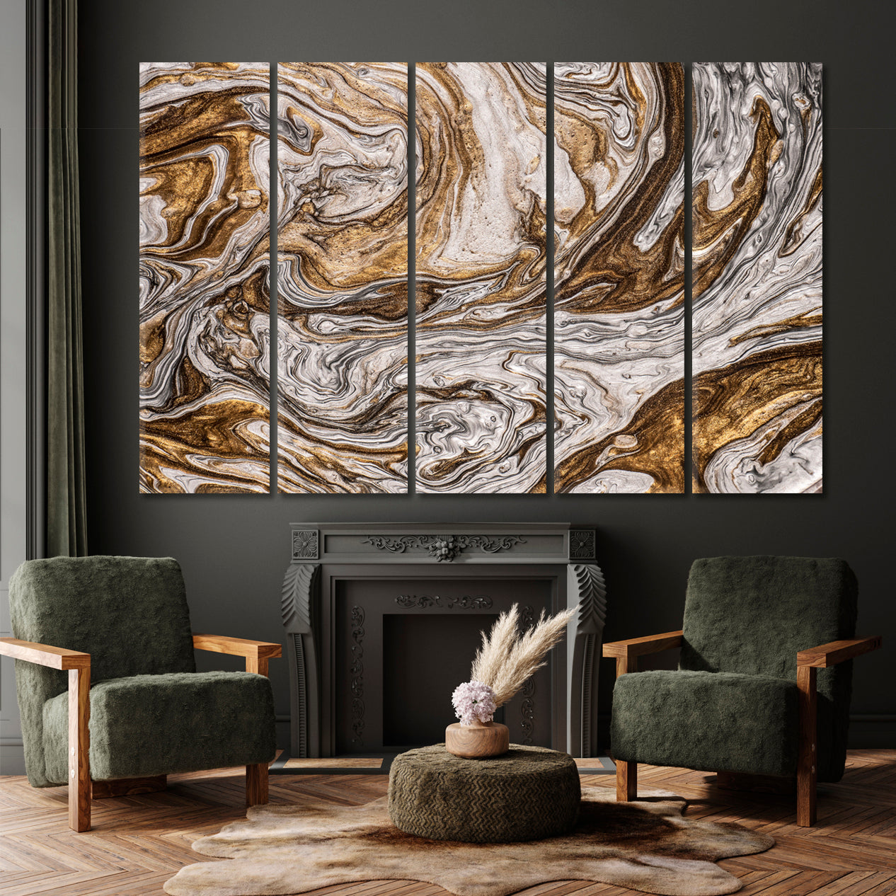 BROWN GREY Effect of Gold and Silver Powder Abstract Marble Oriental Fluid Art Canvas Print Fluid Art, Oriental Marbling Canvas Print Artesty 5 panels 36" x 24" 