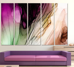 RAINBOW Alcohol Inks Green Purple Fuschia Abstract Marble Fluid Art, Oriental Marbling Canvas Print Artesty 5 panels 36" x 24" 