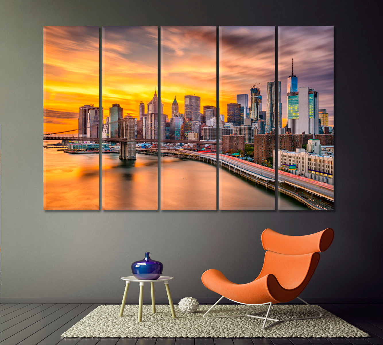 Brooklyn Bridge After Sunset New York Poster Famous Landmarks Artwork Print Artesty 5 panels 36" x 24" 