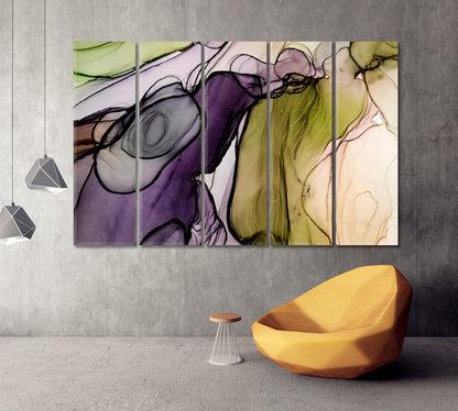 Ink Mix Purple Green Unique Marble Pattern Fluid Art, Oriental Marbling Canvas Print Artesty 5 panels 36" x 24" 