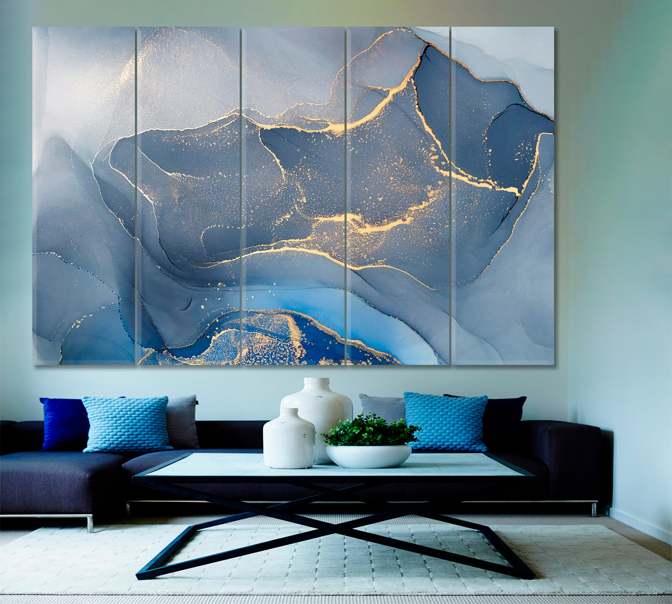 ORIENTAL Abstract Blu Marble Fluid Art, Oriental Marbling Canvas Print Artesty 5 panels 36" x 24" 