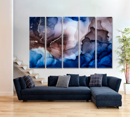 Navy Blue Purple Alcohol Ink Pattern Translucent Marble Fluid Art, Oriental Marbling Canvas Print Artesty 5 panels 36" x 24" 