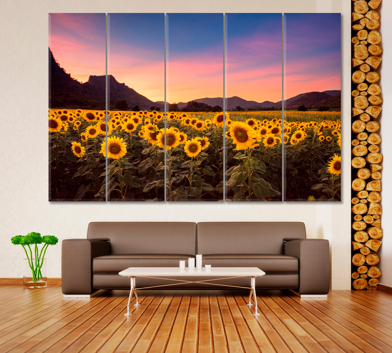 Picturesque Landscape Field of Blooming Sunflowers Canvas Print Scenery Landscape Fine Art Print Artesty 5 panels 36" x 24" 