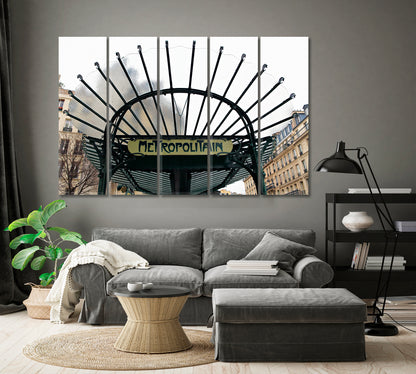 Historic Art Nouveau Entrance Sign Metropolitan Paris France Canvas Print Cities Wall Art Artesty 5 panels 36" x 24" 