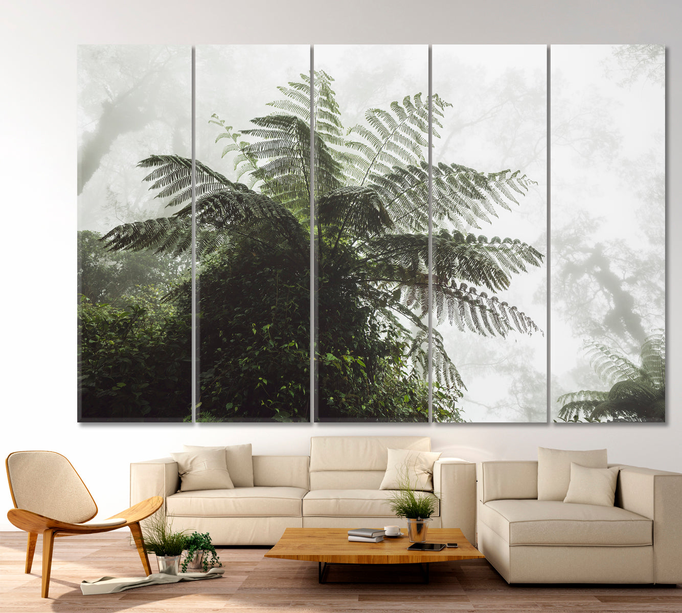 Huge Fern Mystical Tropical Forest in Fog Misty Jungle Rainforest Tropical, Exotic Art Print Artesty 5 panels 36" x 24" 