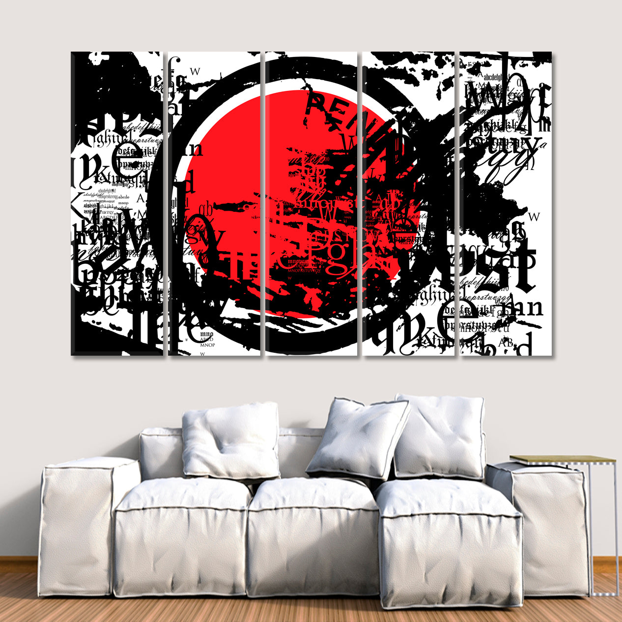 GRUNGE Modern Abstract Black Red White Asian Style Canvas Print Wall Art Artesty 5 panels 36" x 24" 