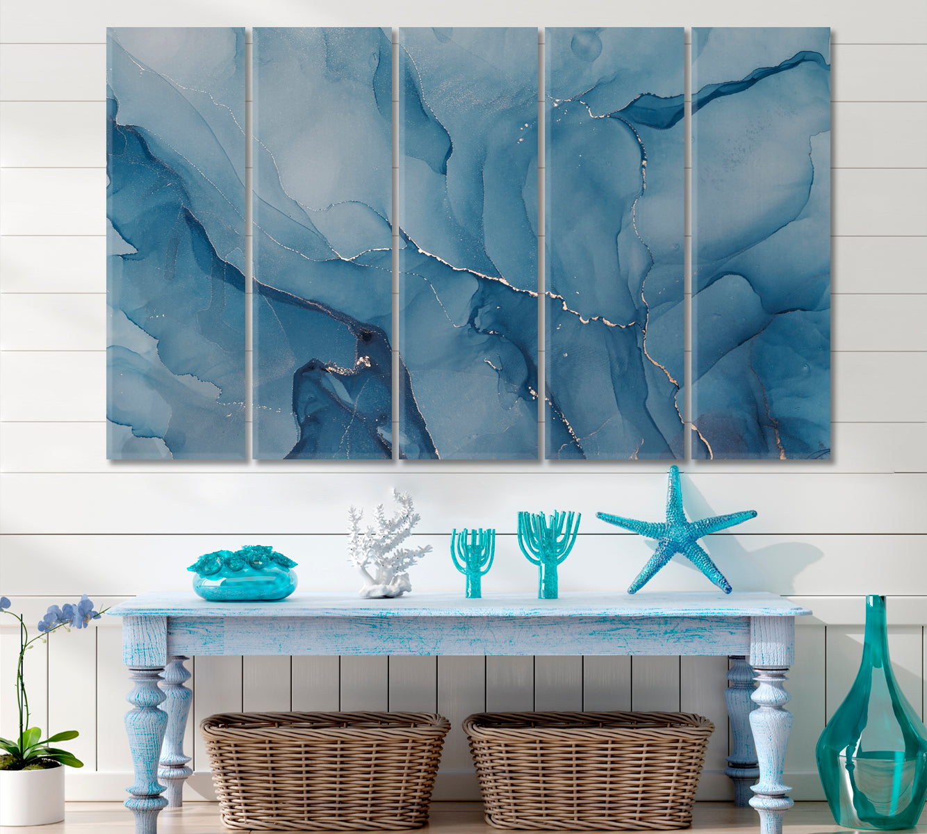 BLUE SKY Ink Colors Translucent Abstract Marble Veins Fluid Art, Oriental Marbling Canvas Print Artesty 5 panels 36" x 24" 