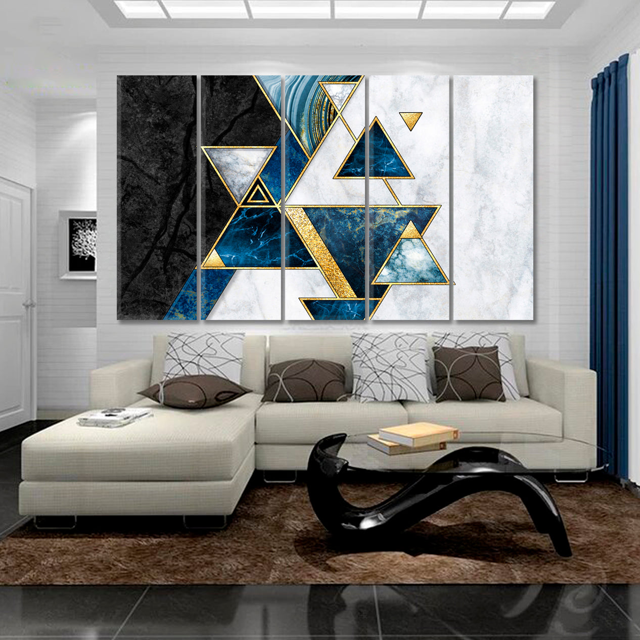 Abstract Geometric Modern Marble Mosaic Inlay Blue Gold Triangles Black White Stone Giclée Print Abstract Art Print Artesty 5 panels 36" x 24" 