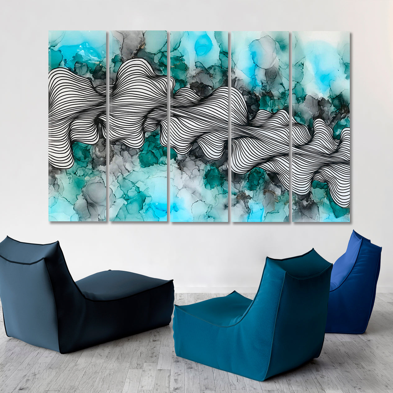 Turquoise Wave Modern Fluid Art Fluid Art, Oriental Marbling Canvas Print Artesty 5 panels 36" x 24" 