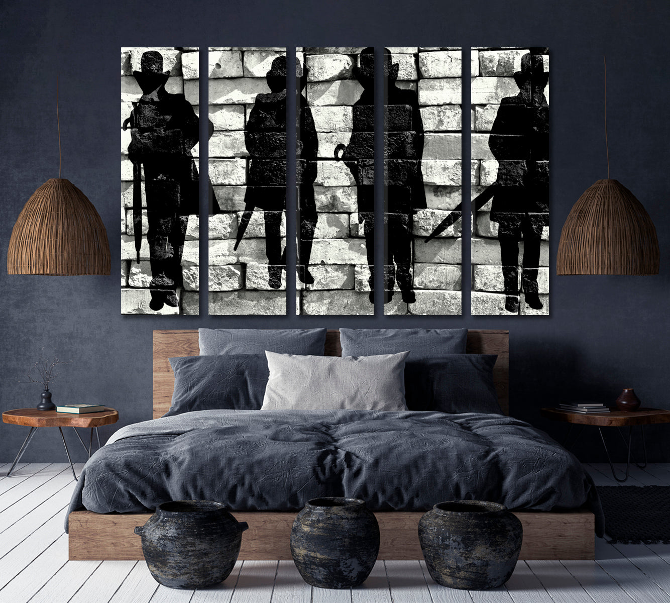 BRICK WALL Gentleman Silhouette Hat Coat Umbrella Graffiti Style Street Art Canvas Print Artesty 5 panels 36" x 24" 