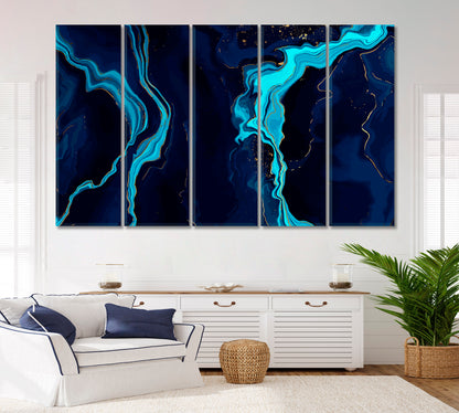 DARK BLUE MARBLE Indigo Ocean Natural Luxury Style Swirls Fluid Art, Oriental Marbling Canvas Print Artesty 5 panels 36" x 24" 