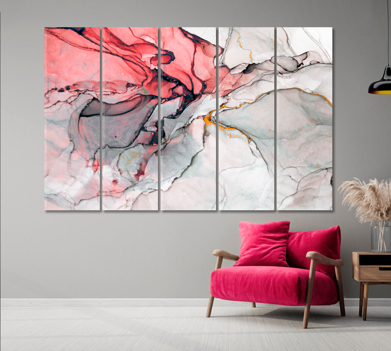 Luxury Translucent Pink Gray Green Ink Painting Fluid Art, Oriental Marbling Canvas Print Artesty 5 panels 36" x 24" 