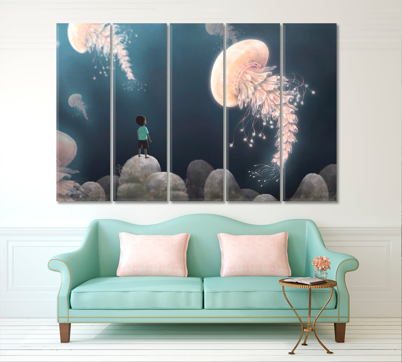 Fantasy Landscape Boy Giant Jellyfish Imaginary Surreal Painting Surreal Fantasy Large Art Print Décor Artesty 5 panels 36" x 24" 