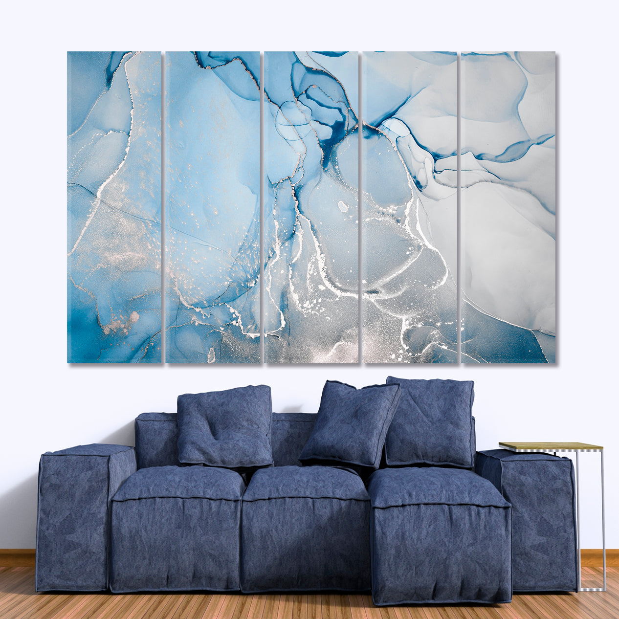 CLOUDS SILK Soft Blue Swirls Ink Colors Marble Veins Fluid Art, Oriental Marbling Canvas Print Artesty   