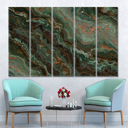 MALACHITE Green Marble Pattern Veins Abstract Fluid Art, Oriental Marbling Canvas Print Artesty 5 panels 36" x 24" 