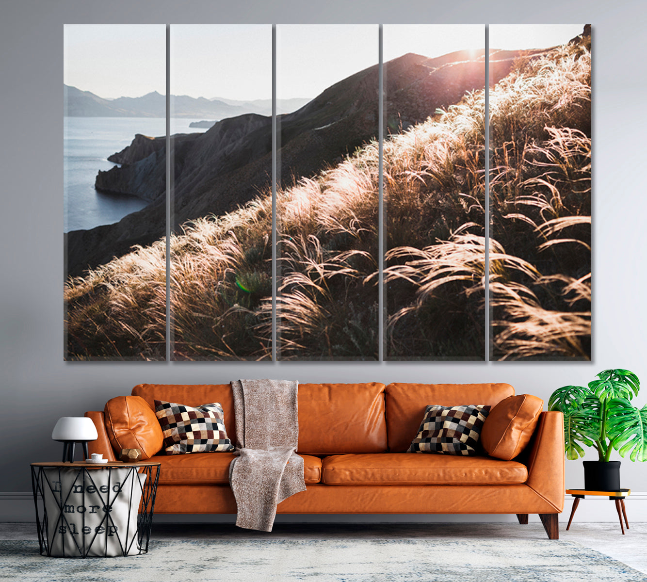Sunset Coastline Landscape Hill Incredible Spring Field Feather Grass Nature Wall Canvas Print Artesty 5 panels 36" x 24" 